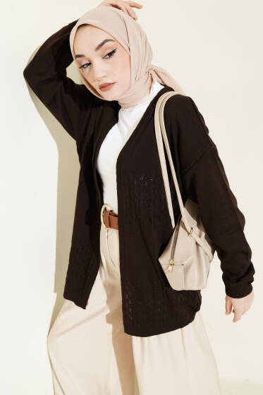 Zigzag Desenli Triko Basic Hırka Kahve - Hırka