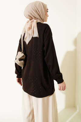 Zigzag Desenli Triko Basic Hırka Kahve - Hırka