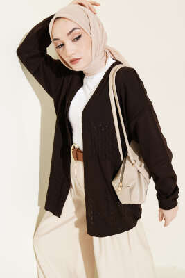 Zigzag Desenli Triko Basic Hırka Kahve 