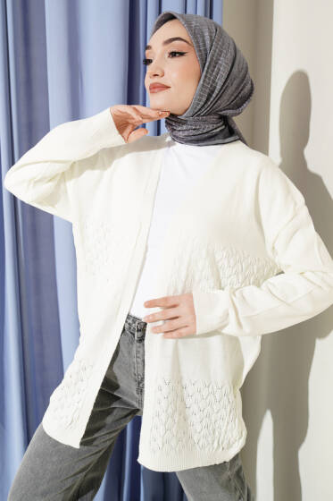 Zigzag Desenli Triko Basic Hırka Kemik - Hırka