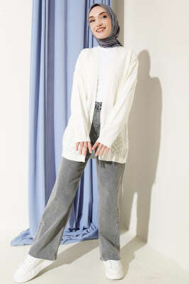 Zigzag Desenli Triko Basic Hırka Kemik - Hırka