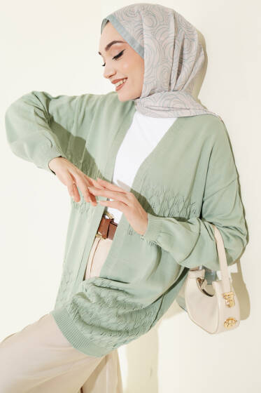 Zigzag Desenli Triko Basic Hırka Mint - Hırka