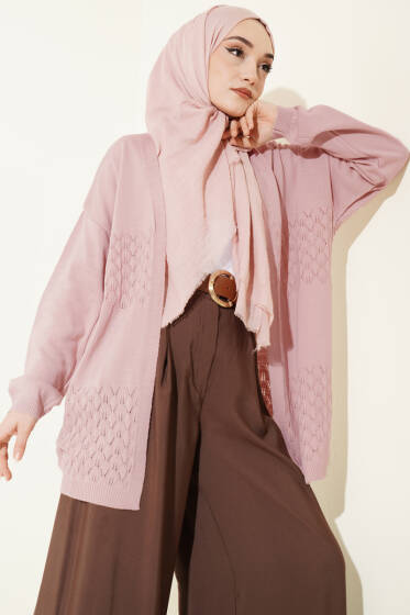 Zigzag Desenli Triko Basic Hırka Pudra - Hırka