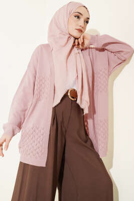 Zigzag Desenli Triko Basic Hırka Pudra - Yılın Fırsatı