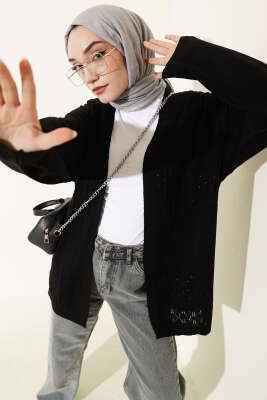 Zigzag Desenli Triko Basic Hırka Siyah - VANİZA TRİKO