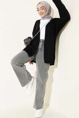 Zigzag Desenli Triko Basic Hırka Siyah - Hırka