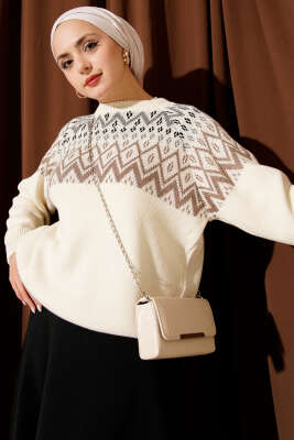 Zigzag Desenli Triko Kazak Bej - RAFİMİX