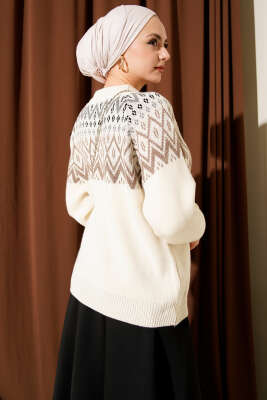 Zigzag Desenli Triko Kazak Bej - Triko Kazak