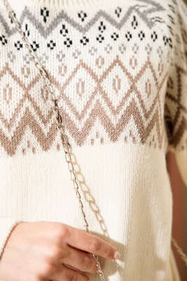 Zigzag Desenli Triko Kazak Bej - Triko Kazak