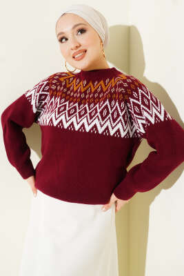 Zigzag Desenli Triko Kazak Bordo 