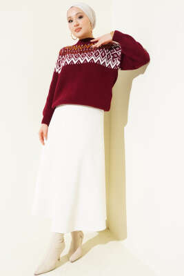 Zigzag Desenli Triko Kazak Bordo - Triko Kazak