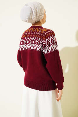 Zigzag Desenli Triko Kazak Bordo - Triko Kazak