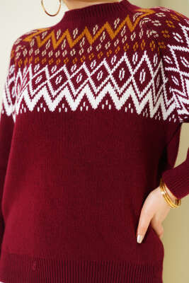Zigzag Desenli Triko Kazak Bordo - Triko Kazak