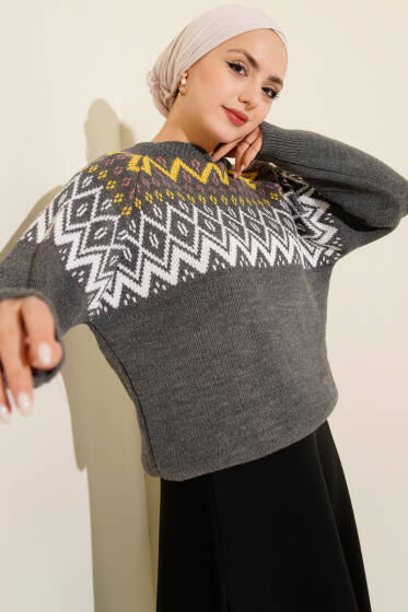 Zigzag Desenli Triko Kazak Füme - Triko Kazak