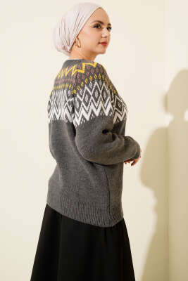 Zigzag Desenli Triko Kazak Füme - Triko Kazak