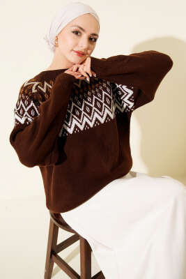 Zigzag Desenli Triko Kazak Kahve - RAFİMİX