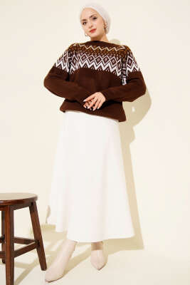 Zigzag Desenli Triko Kazak Kahve - Triko Kazak