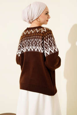 Zigzag Desenli Triko Kazak Kahve - Triko Kazak