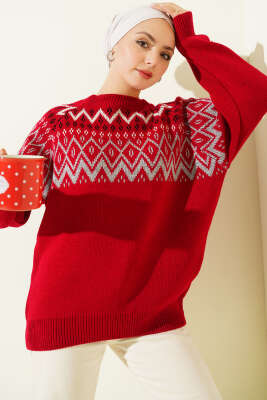 Zigzag Desenli Triko Kazak Kırmızı - RAFİMİX