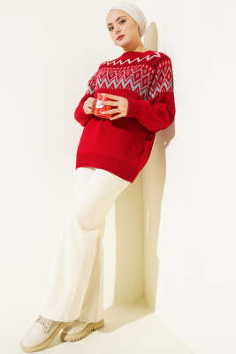 Zigzag Desenli Triko Kazak Kırmızı - Triko Kazak