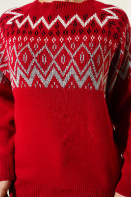 Zigzag Desenli Triko Kazak Kırmızı - Triko Kazak