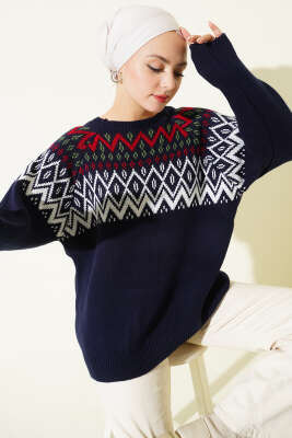 Zigzag Desenli Triko Kazak Lacivert - RAFİMİX