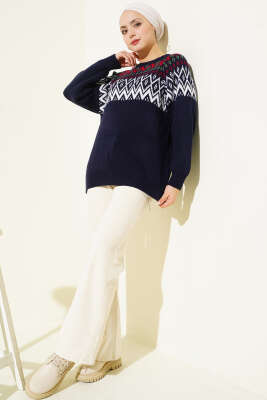 Zigzag Desenli Triko Kazak Lacivert - Triko Kazak