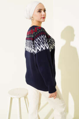 Zigzag Desenli Triko Kazak Lacivert - Triko Kazak