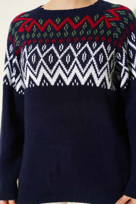 Zigzag Desenli Triko Kazak Lacivert - Triko Kazak