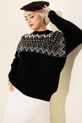Zigzag Desenli Triko Kazak Siyah - RAFİMİX