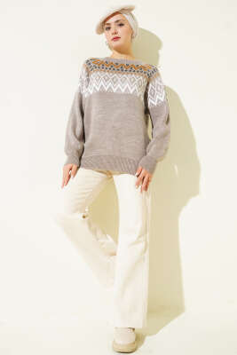 Zigzag Desenli Triko Kazak Vizon - Triko Kazak