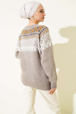 Zigzag Desenli Triko Kazak Vizon - Triko Kazak