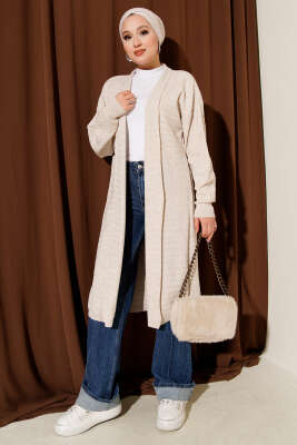 Zigzag Desenli Triko Uzun Hırka Bej 