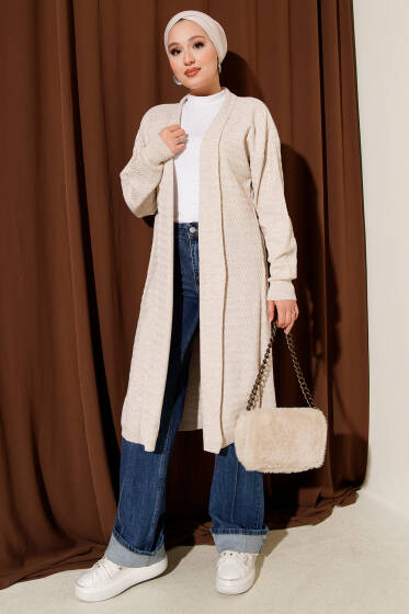 Zigzag Desenli Triko Uzun Hırka Bej - Hırka