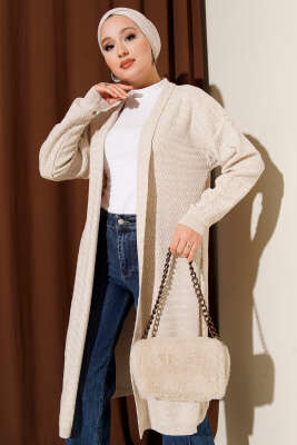 Zigzag Desenli Triko Uzun Hırka Bej - Hırka