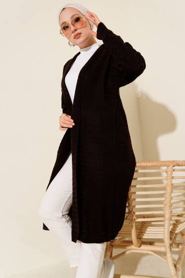 Zigzag Desenli Triko Uzun Hırka Kahve - Hırka