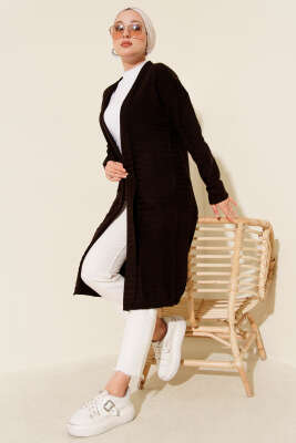 Zigzag Desenli Triko Uzun Hırka Kahve - Hırka