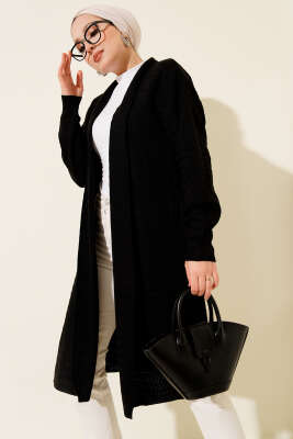 Zigzag Desenli Triko Uzun Hırka Siyah - VANİZA TRİKO