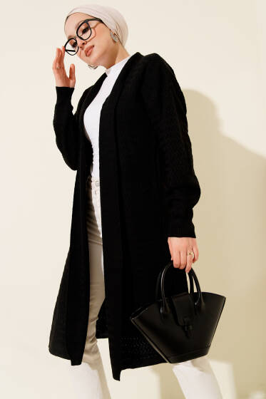 Zigzag Desenli Triko Uzun Hırka Siyah - Hırka