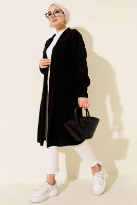 Zigzag Desenli Triko Uzun Hırka Siyah - Hırka