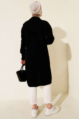 Zigzag Desenli Triko Uzun Hırka Siyah - Hırka