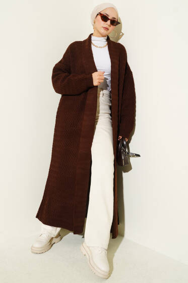 Zigzag Kabartmalı Triko Uzun Hırka Acı Kahve - Hırka