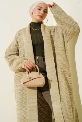 Zigzag Kabartmalı Triko Uzun Hırka Bej - Hırka