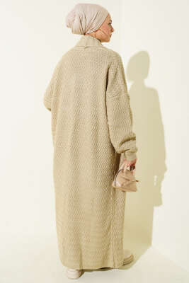 Zigzag Kabartmalı Triko Uzun Hırka Bej - Hırka