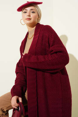 Zigzag Kabartmalı Triko Uzun Hırka Bordo - Hırka