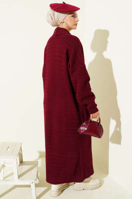 Zigzag Kabartmalı Triko Uzun Hırka Bordo - Hırka