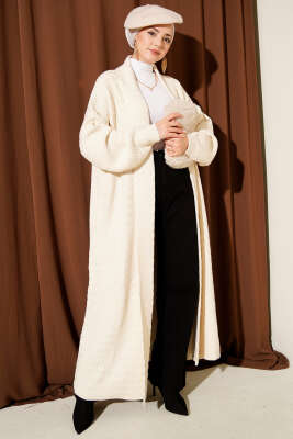 Zigzag Kabartmalı Triko Uzun Hırka Ekru - RAFİMİX