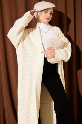 Zigzag Kabartmalı Triko Uzun Hırka Ekru - Hırka