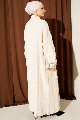 Zigzag Kabartmalı Triko Uzun Hırka Ekru - Hırka