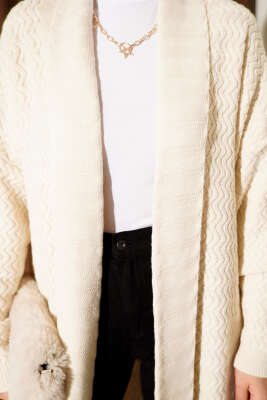 Zigzag Kabartmalı Triko Uzun Hırka Ekru - Hırka